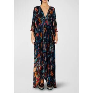 FARM RIO SUNSET TAPESTRY BLACK KAFTAN DRESS, Size LARGE